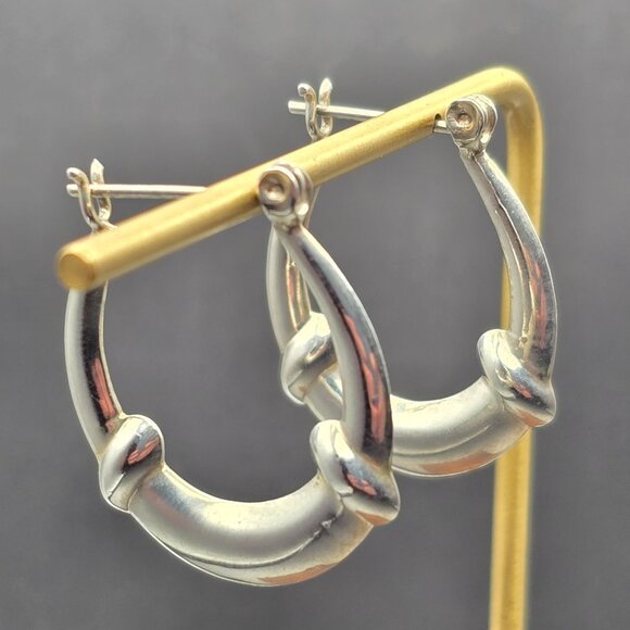 VTG Sterling Silver 925 Puffy Hoop Earrings 1.25" Knot Detail Hinged Closure - Picture 1 of 9